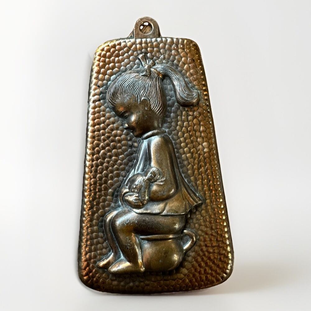 VTG Brass Repousse Wall Plaque Girl Chamber Pot Hammered Hanging 4” Kitsch Decor